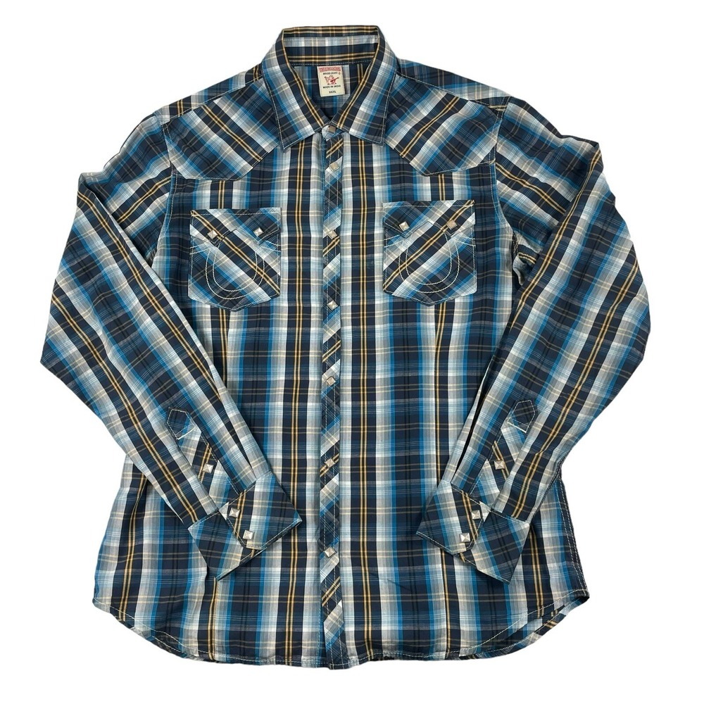 True Religion Blue White Yellow Checked Cotton Sawtooth Square Pearl Snap 3XL